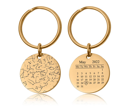 Personalized Star Map By Date Keychain, Engraved Calendar Night Sky Keyring, Custom Star Chart Anniversary Birthday Gift For Her, C.2
