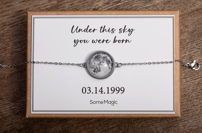Custom Moon Phase Bracelet with Engraving on Back, Initial + Date or Unique Star Map, Personalized Birthday or Anniversary Gift for Her AP.1