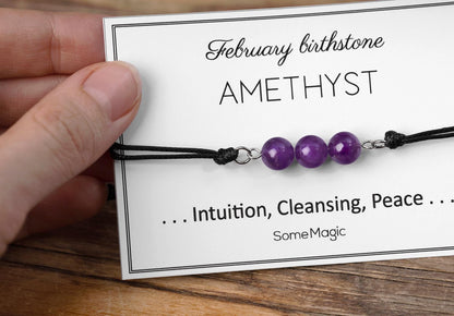 February Birthstone Bracelet - Adjustable Cord Bracelet with Amethyst, Natural Crystal Gift for Intuition, Peace, and Spiritual Clarity, BGM