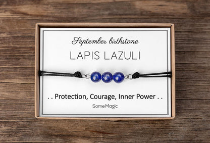 September Birthstone Bracelet - Adjustable Cord Bracelet with Lapis Lazuli, Natural Crystal Gift for Protection, Courage, Inner Strength BGM