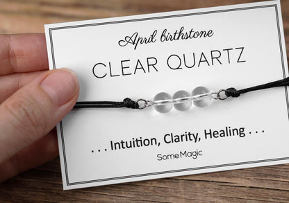 April Birthstone Bracelet - Adjustable Cord Bracelet with Clear Quartz, Natural Crystal Gift for Clarity, Intuition, and Healing Energy, BGM