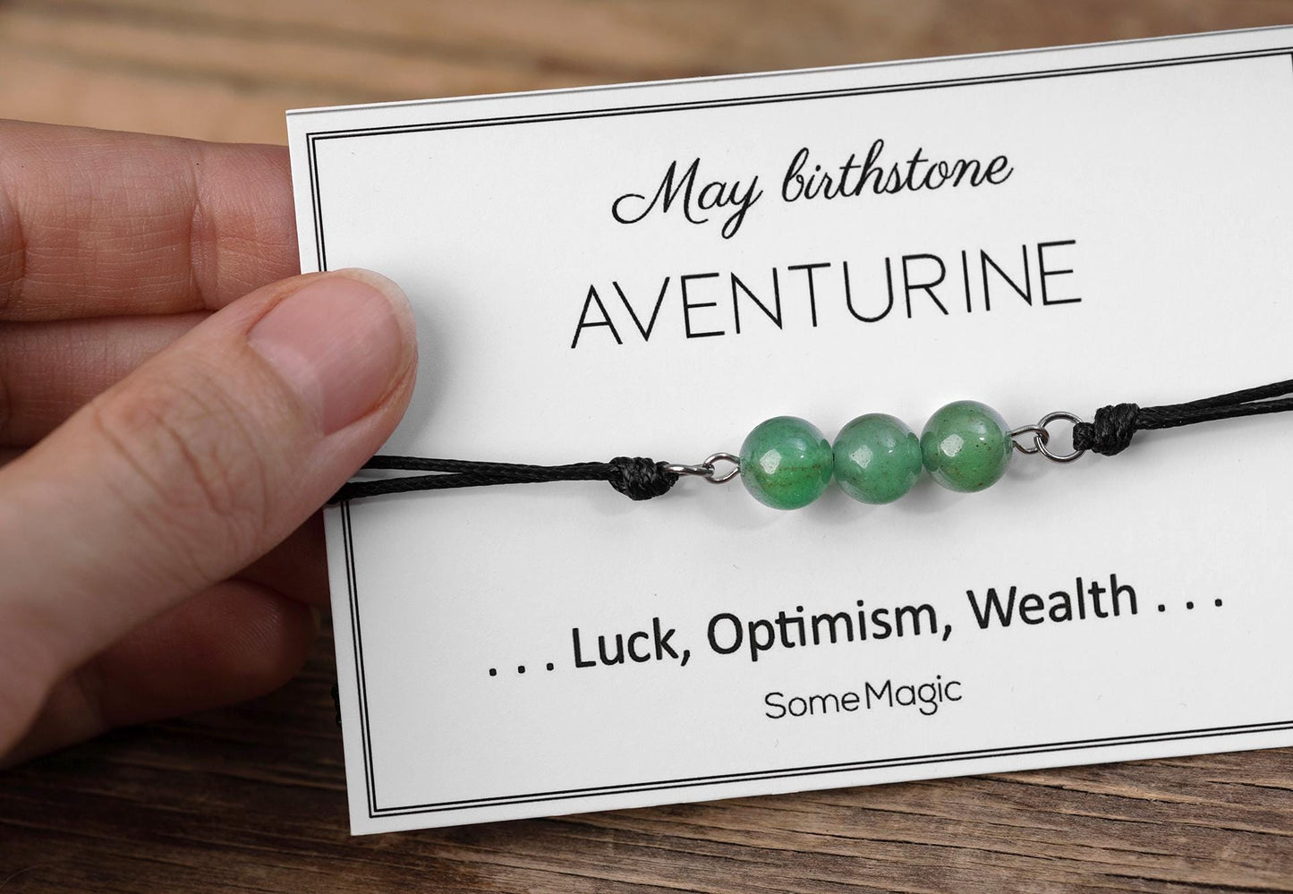 May Birthstone Bracelet - Adjustable Cord Bracelet with Aventurine Gemstone, Natural Crystal Gift for Luck, Abundance, Positive Energy, BGM
