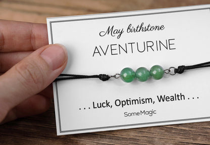 May Birthstone Bracelet - Adjustable Cord Bracelet with Aventurine Gemstone, Natural Crystal Gift for Luck, Abundance, Positive Energy, BGM