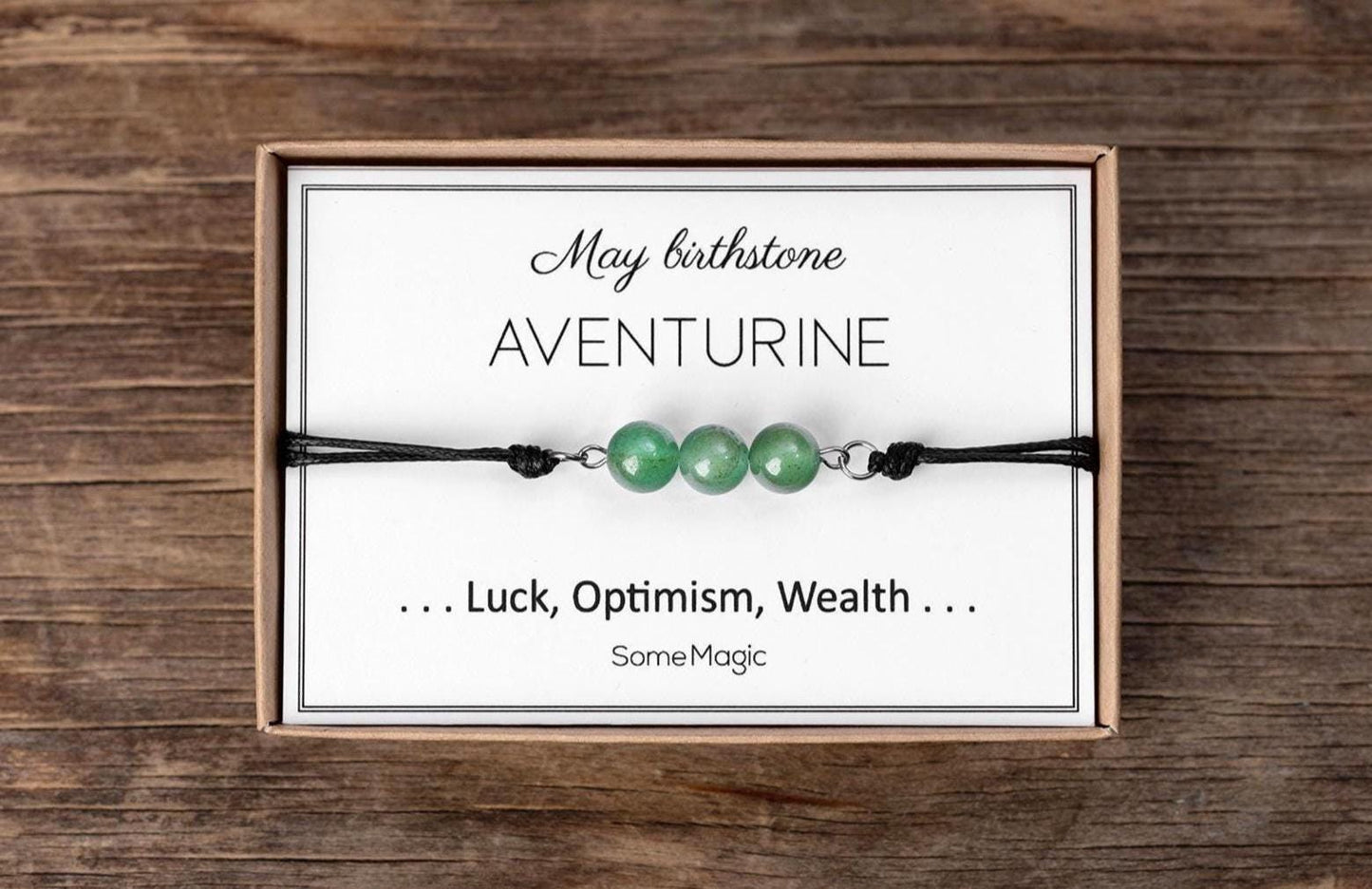May Birthstone Bracelet - Adjustable Cord Bracelet with Aventurine Gemstone, Natural Crystal Gift for Luck, Abundance, Positive Energy, BGM