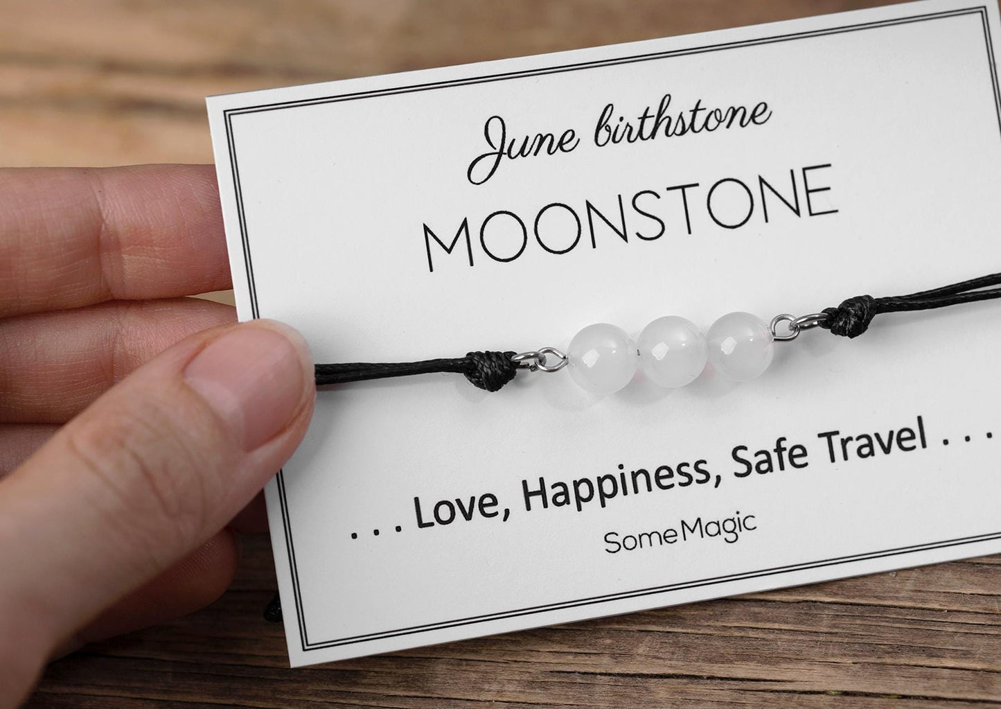 June Birthstone Bracelet - Adjustable Cord Bracelet with Moonstone Gemstone, Natural Crystal Gift for Love, Joy, and Travel Protection, BGM