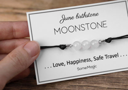 June Birthstone Bracelet - Adjustable Cord Bracelet with Moonstone Gemstone, Natural Crystal Gift for Love, Joy, and Travel Protection, BGM