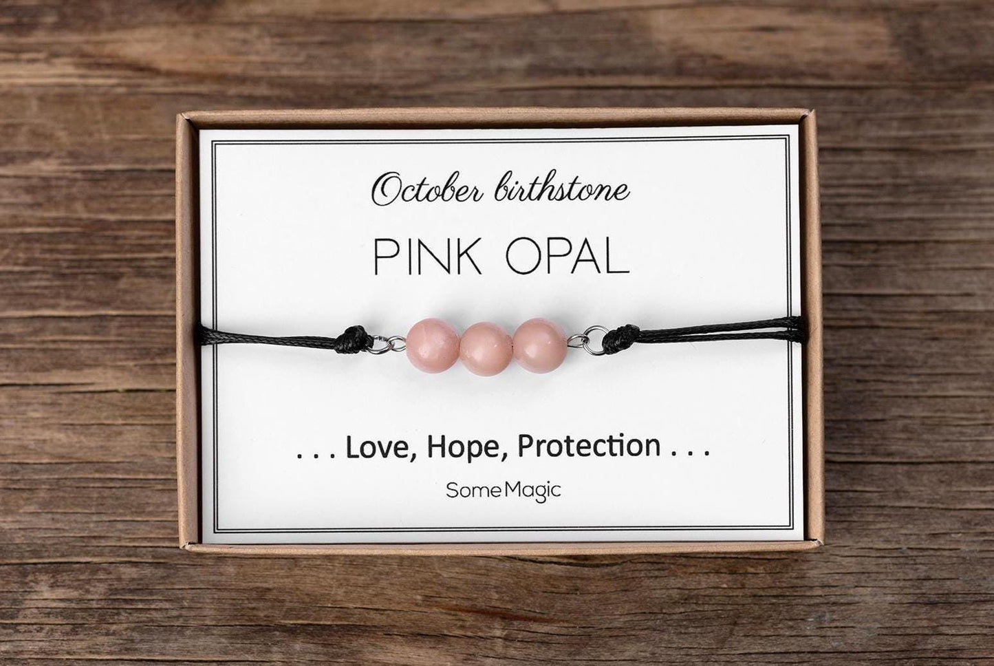 October Birthstone Bracelet - Adjustable Cord Gemstone Bracelet with Pink Opal, Natural Crystal Gift for Love, Hope, and Protection, BGM