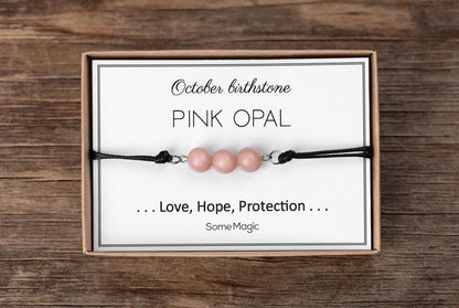 October Birthstone Bracelet - Adjustable Cord Gemstone Bracelet with Pink Opal, Natural Crystal Gift for Love, Hope, and Protection, BGM