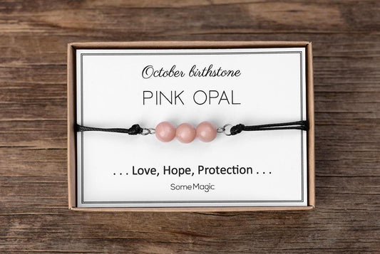 October Birthstone Bracelet - Adjustable Cord Gemstone Bracelet with Pink Opal, Natural Crystal Gift for Love, Hope, and Protection, BGM
