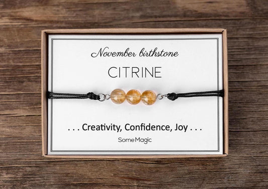 November Birthstone Bracelet - Adjustable Cord Gemstone Bracelet with Citrine, Natural Crystal Jewelry Gift for Scorpio or Sagittarius, BGM