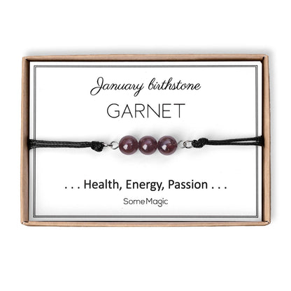 January Birthstone Bracelet with Natural Garnet Crystal, Adjustable Cord Bracelet, Gemstone Jewelry, Birthday Gift with Meaning Card, BGM