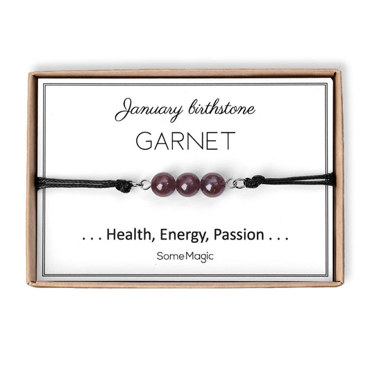 January Birthstone Bracelet with Natural Garnet Crystal, Adjustable Cord Bracelet, Gemstone Jewelry, Birthday Gift with Meaning Card, BGM