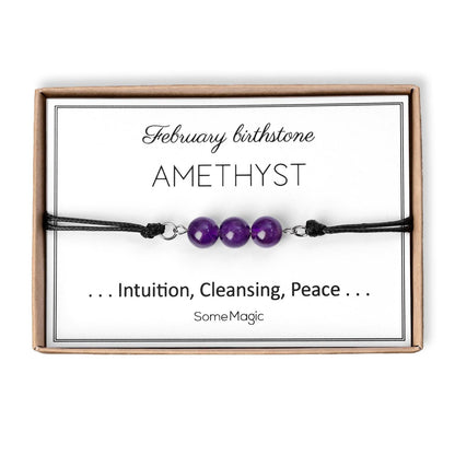 February Birthstone Bracelet with Natural Amethyst Crystal, Adjustable Cord Bracelet, Gemstone Jewelry, Birthday Gift with Meaning Card, BGM