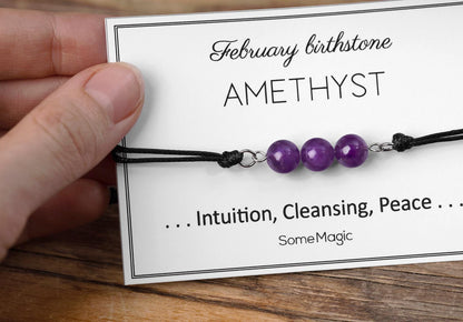 February Birthstone Bracelet with Natural Amethyst Crystal, Adjustable Cord Bracelet, Gemstone Jewelry, Birthday Gift with Meaning Card, BGM