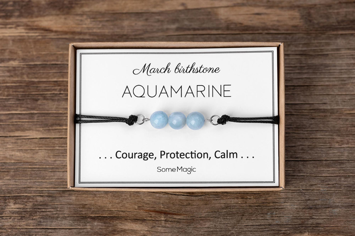 March Birthstone Bracelet with Natural Aquamarine Crystal, Adjustable Cord Bracelet, Gemstone Jewelry, Birthday Gift with Meaning Card, BGM