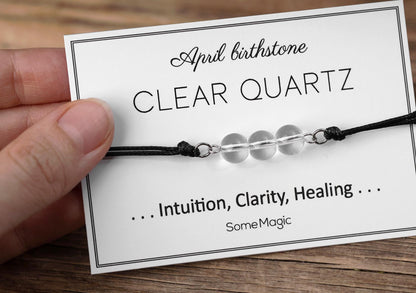 April Birthstone Bracelet with Natural Clear Quartz Crystal, Adjustable Cord Bracelet, Gemstone Jewelry, Birthday Gift with Meaning Card BGM