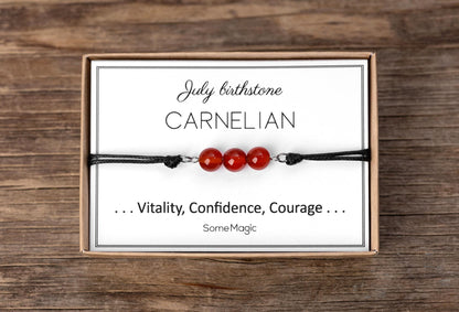 July Birthstone Bracelet with Natural Carnelian Crystal, Adjustable Cord Bracelet, Gemstone Jewelry, Birthday Gift with Meaning Card, BGM