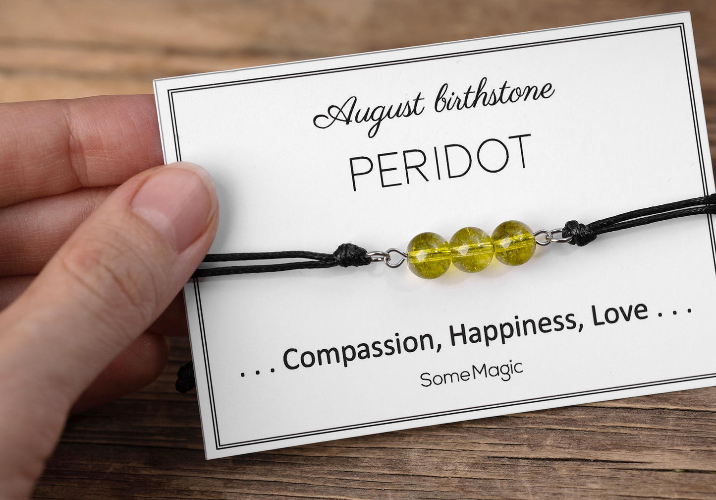 August Birthstone Bracelet with Natural Peridot Crystal, Adjustable Cord Bracelet, Gemstone Jewelry, Birthday Gift with Meaning Card, BGM