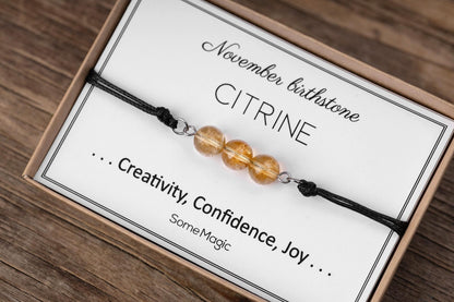 November Birthstone Bracelet with Natural Citrine Crystal, Adjustable Cord Bracelet, Gemstone Jewelry, Birthday Gift with Meaning Card, BGM