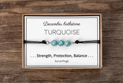 December Birthstone Bracelet with Blue Turquoise Crystal, Adjustable Cord Bracelet, Gemstone Jewelry, Birthday Gift with Meaning Card, BGM