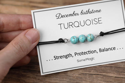 December Birthstone Bracelet with Blue Turquoise Crystal, Adjustable Cord Bracelet, Gemstone Jewelry, Birthday Gift with Meaning Card, BGM