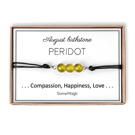 August Birthstone Bracelet with Natural Peridot Crystal, Adjustable Cord Bracelet, Gemstone Jewelry, Birthday Gift with Meaning Card, BGM