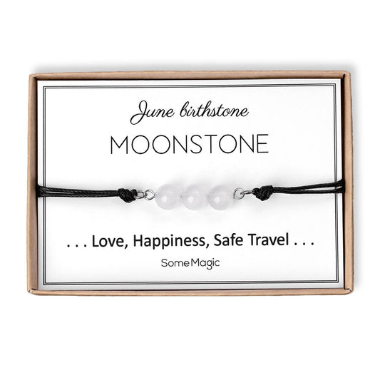 June Birthstone Bracelet with Natural Moonstone Crystal, Adjustable Cord Bracelet, Gemstone Jewelry, Birthday Gift with Meaning Card, BGM