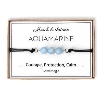 March Birthstone Bracelet with Natural Aquamarine Crystal, Adjustable Cord Bracelet, Gemstone Jewelry, Birthday Gift with Meaning Card, BGM