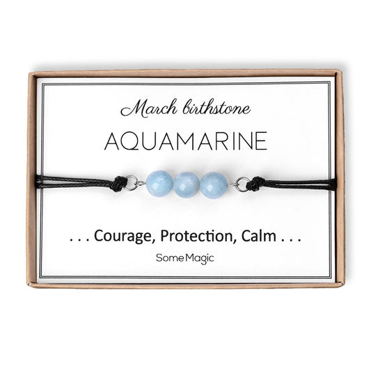 March Birthstone Bracelet with Natural Aquamarine Crystal, Adjustable Cord Bracelet, Gemstone Jewelry, Birthday Gift with Meaning Card, BGM