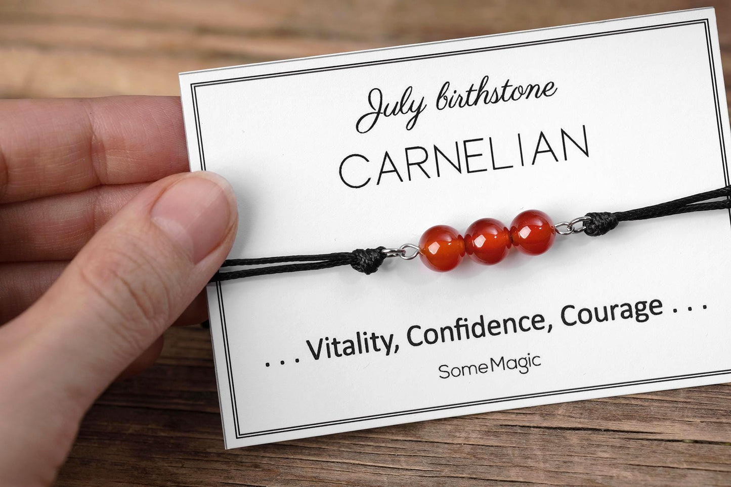 July Birthstone Bracelet with Natural Carnelian Crystal, Adjustable Cord Bracelet, Gemstone Jewelry, Birthday Gift with Meaning Card, BGM