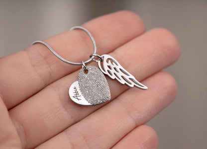Grief Keepsake Gift for Loss of Loved One, Personalized Sympathy Necklace With Actual Fingerprint and Angel Wing, Memorial Heart Jewelry C.2