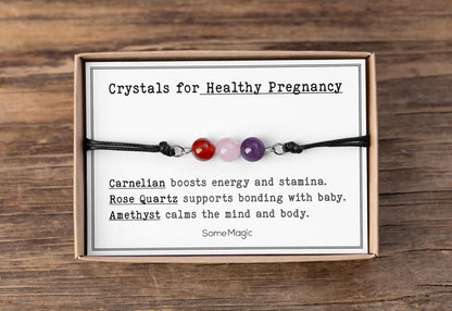Pregnancy Wellness Bracelet - Calming Adjustable Cord Bracelet with Natural Crystals for Mom-to-Be Maternity Support Gift with Gemstones CGM