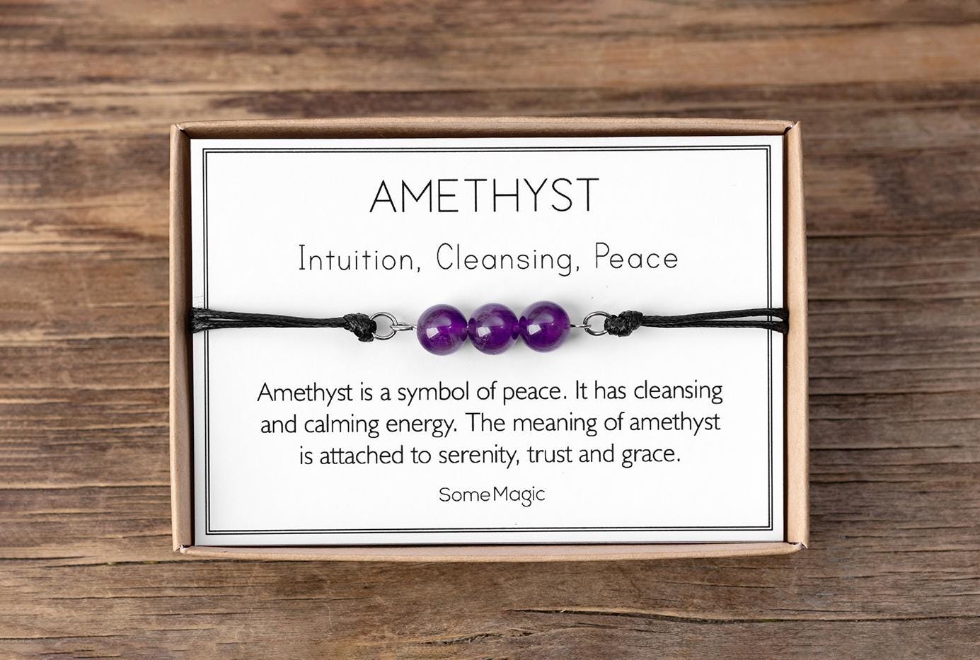 Amethyst Bracelet - Adjustable Cord with Natural Crystals for Peace, Calming Energy, Cleansing, Serenity, Trust, and Emotional Balance, MGM
