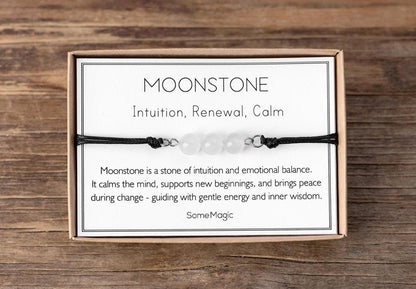 Moonstone Bracelet - Adjustable Cord with Natural Crystals for Intuition, Renewal, Emotional Balance, Calm, Peace, and Inner Wisdom, MGM