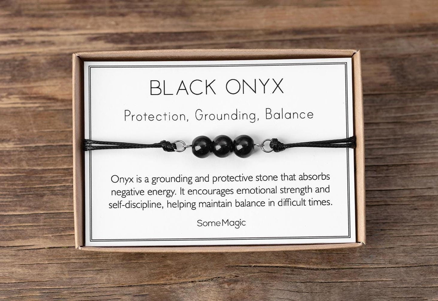 Black Onyx Bracelet - Adjustable Cord with Natural Crystals for Protection, Grounding, Emotional Strength, Balance, and Self-Discipline, MGM