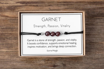 Garnet Cord Bracelet - Adjustable Deep Red Crystal Jewelry for Passion, Strength & Vitality - Healing Gemstone Gift for Her or Him, MGM