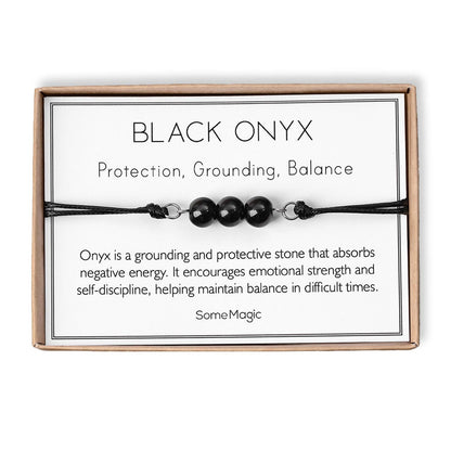 Black Onyx Cord Bracelet - Adjustable Black Crystal Jewelry for Strength, Protection & Focus - Natural Gemstone Gift for Him or Her, MGM