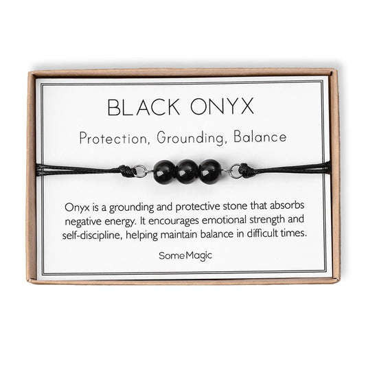 Black Onyx Cord Bracelet - Adjustable Black Crystal Jewelry for Strength, Protection & Focus - Natural Gemstone Gift for Him or Her, MGM