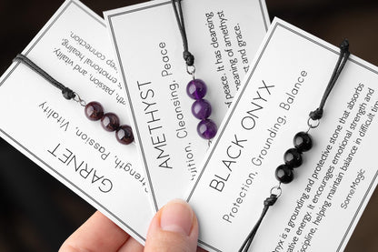 Black Onyx Cord Bracelet - Adjustable Black Crystal Jewelry for Strength, Protection & Focus - Natural Gemstone Gift for Him or Her, MGM