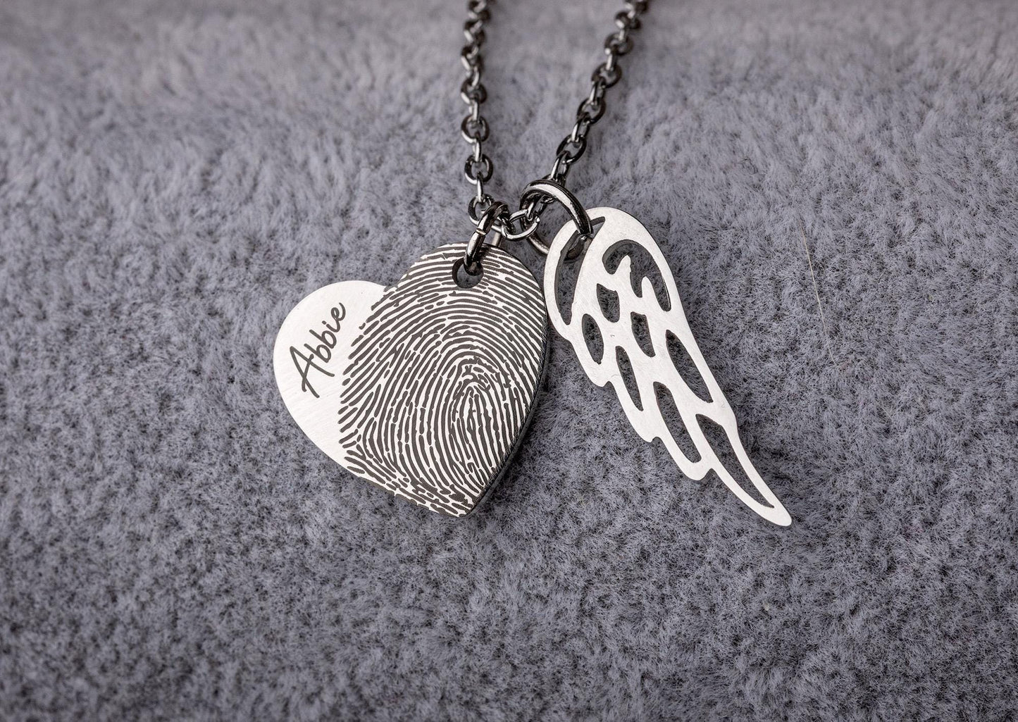 Actual Fingerprint Necklace With Angel Wing, Memorial Heart Jewelry, Loss Of Dad, Mom, Father, Mother, Personalized Sympathy Grief Gift KP.2