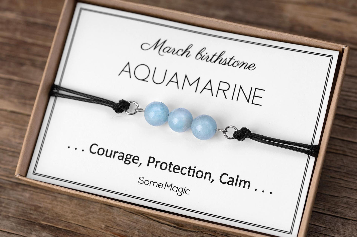 March Birthstone Bracelet - Adjustable Cord Bracelet with Aquamarine, Natural Crystal Gift for Courage, Calm, and Gentle Protection, BGM