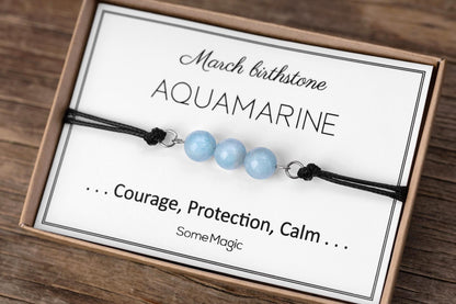March Birthstone Bracelet - Adjustable Cord Bracelet with Aquamarine, Natural Crystal Gift for Courage, Calm, and Gentle Protection, BGM