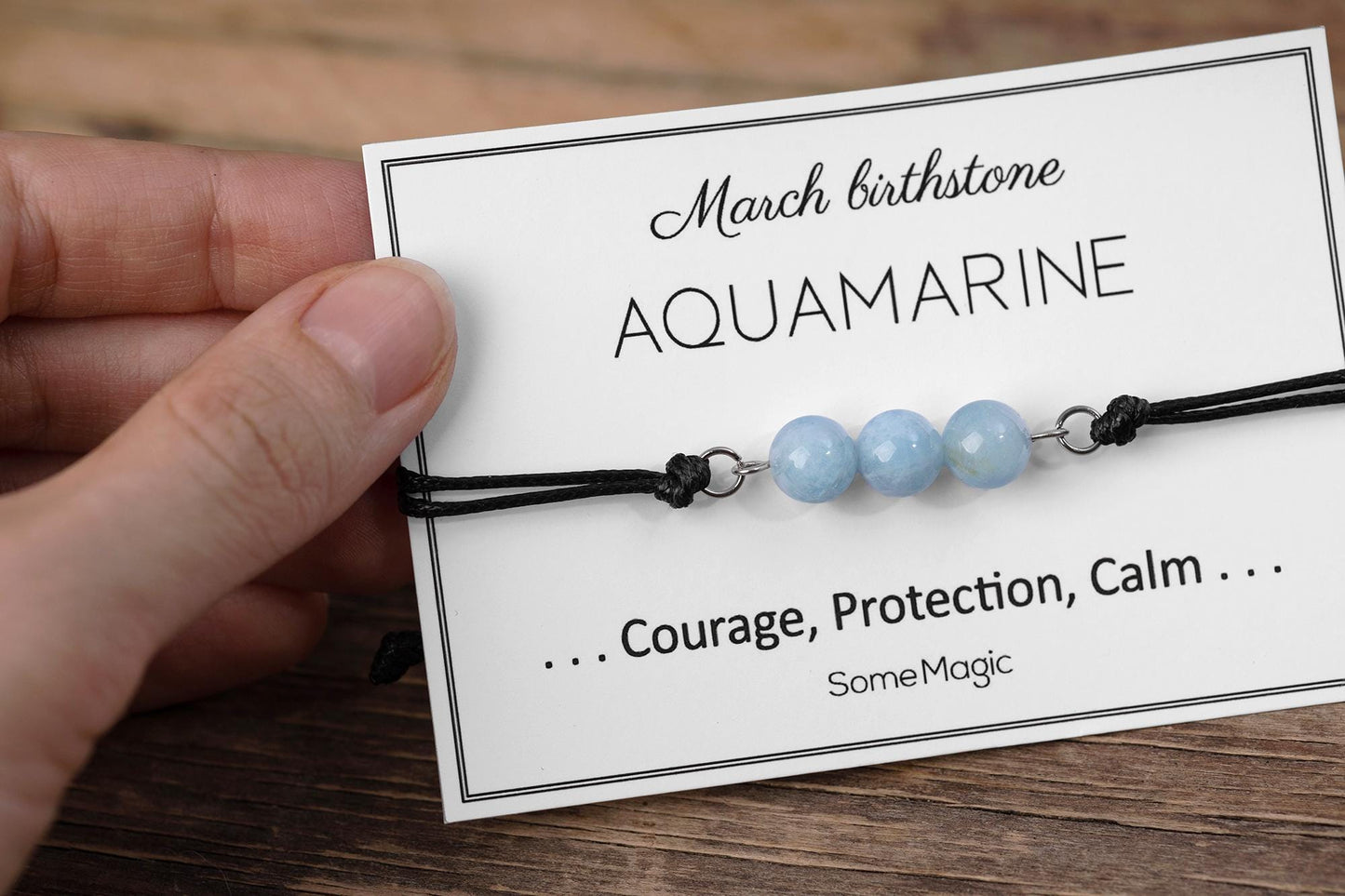 March Birthstone Bracelet - Adjustable Cord Bracelet with Aquamarine, Natural Crystal Gift for Courage, Calm, and Gentle Protection, BGM