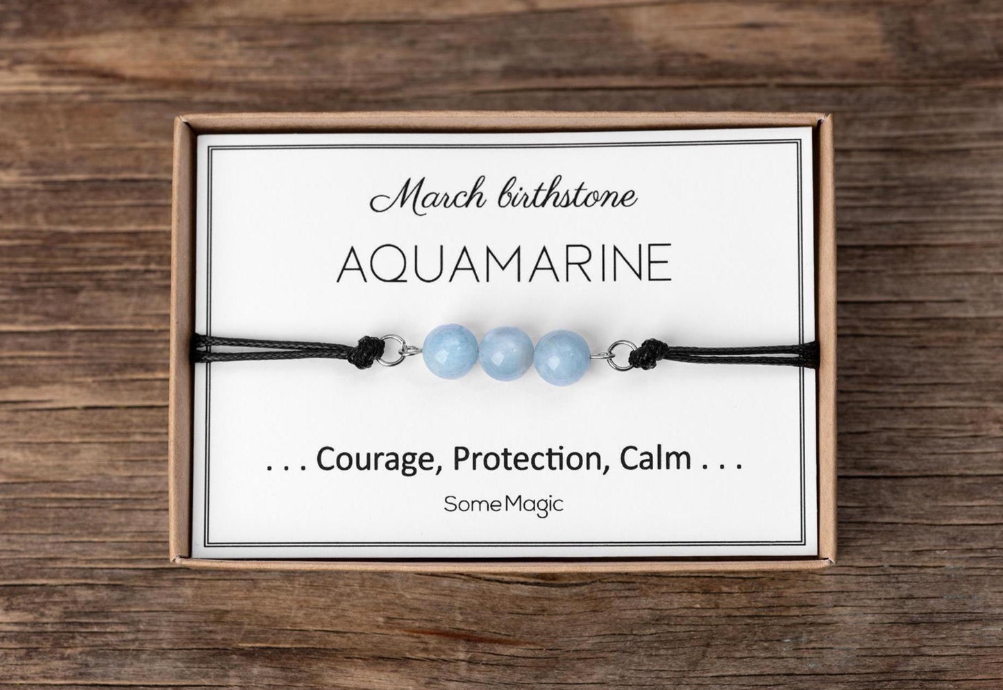 March Birthstone Bracelet - Adjustable Cord Bracelet with Aquamarine, Natural Crystal Gift for Courage, Calm, and Gentle Protection, BGM