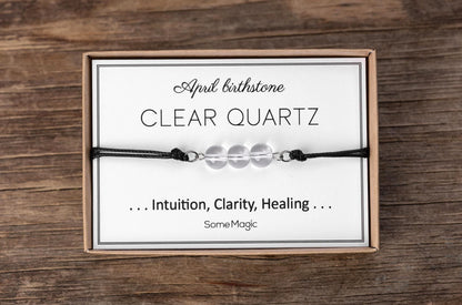 April Birthstone Bracelet - Adjustable Cord Bracelet with Clear Quartz, Natural Crystal Gift for Clarity, Intuition, and Healing Energy, BGM