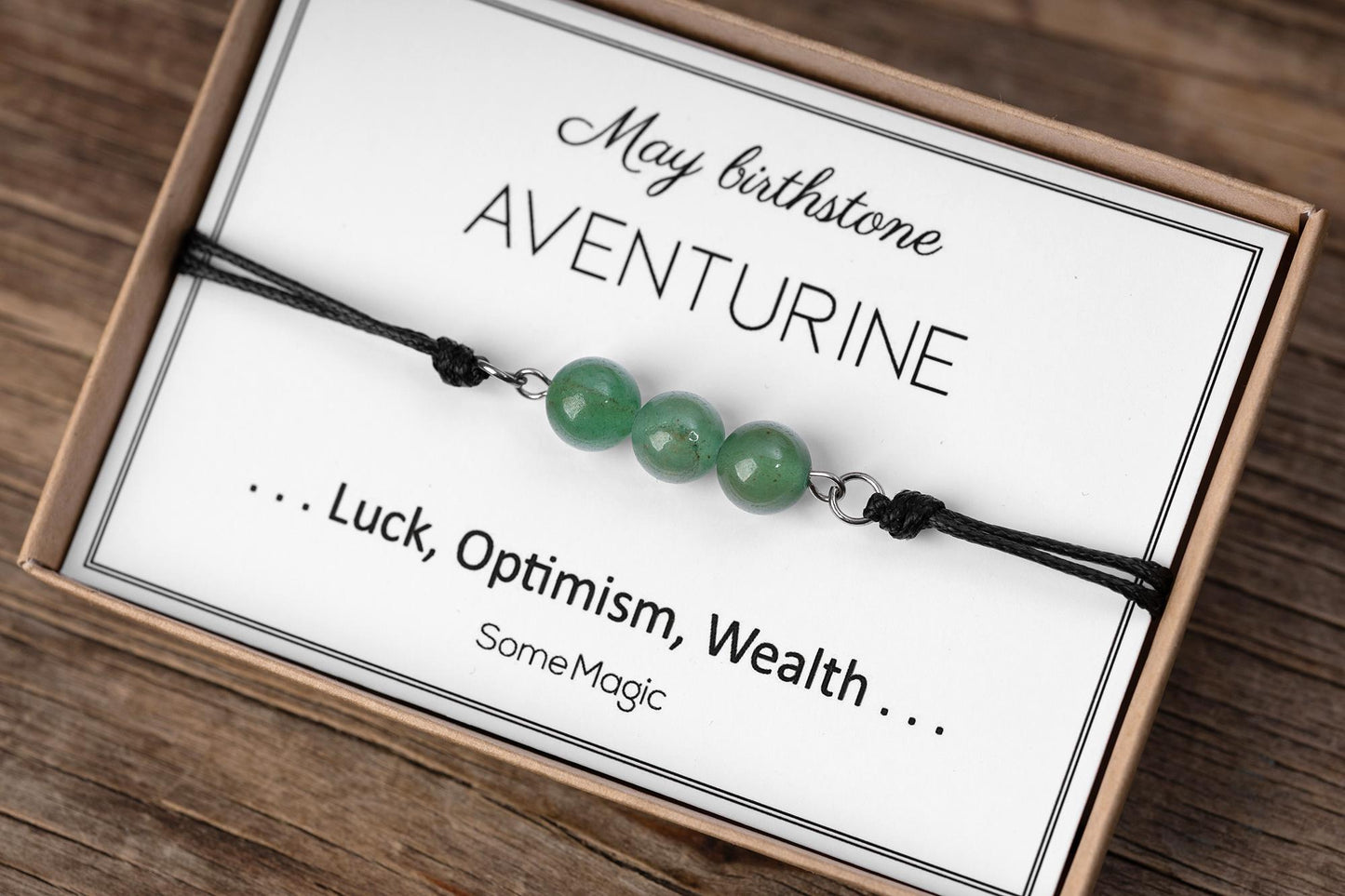 May Birthstone Bracelet - Adjustable Cord Bracelet with Aventurine Gemstone, Natural Crystal Gift for Luck, Abundance, Positive Energy, BGM