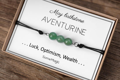 May Birthstone Bracelet - Adjustable Cord Bracelet with Aventurine Gemstone, Natural Crystal Gift for Luck, Abundance, Positive Energy, BGM