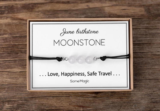 June Birthstone Bracelet - Adjustable Cord Bracelet with Moonstone Gemstone, Natural Crystal Gift for Love, Joy, and Travel Protection, BGM