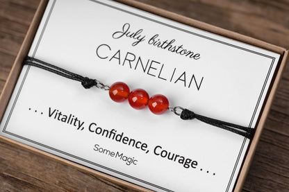 July Birthstone Bracelet - Adjustable Cord Bracelet with Carnelian Gemstone, Natural Crystal Jewelry Gift for Confidence and Courage, BGM