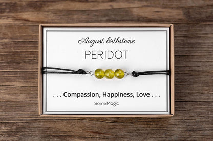 August Birthstone Bracelet - Adjustable Cord Bracelet with Peridot Gemstone, Natural Crystal Gift for Love, Happiness and Compassion, BGM